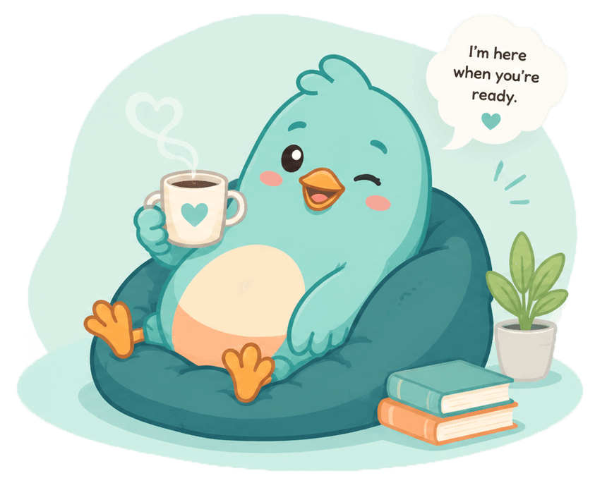 Voli relaxing on a beanbag with a mug, saying they're here when you're ready